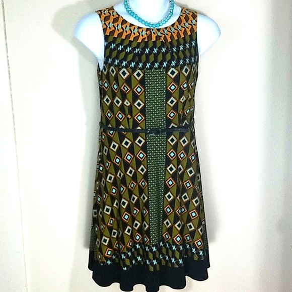 AGB Geometric Print Midi Dress Jewel Neck Sleeveless Career Office Teacher Artsy - Picture 1 of 8